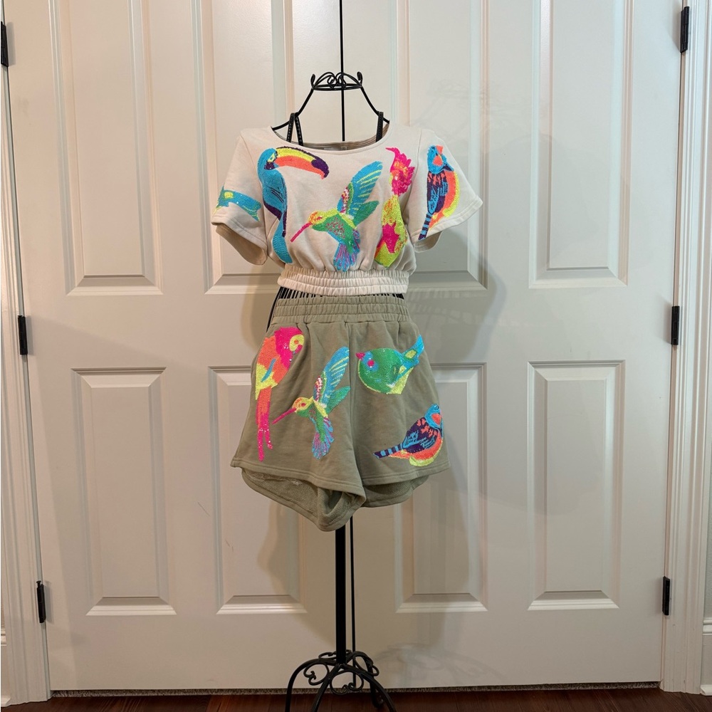 Queen of Sparkles Colorful Bird Print Top and Shorts Set